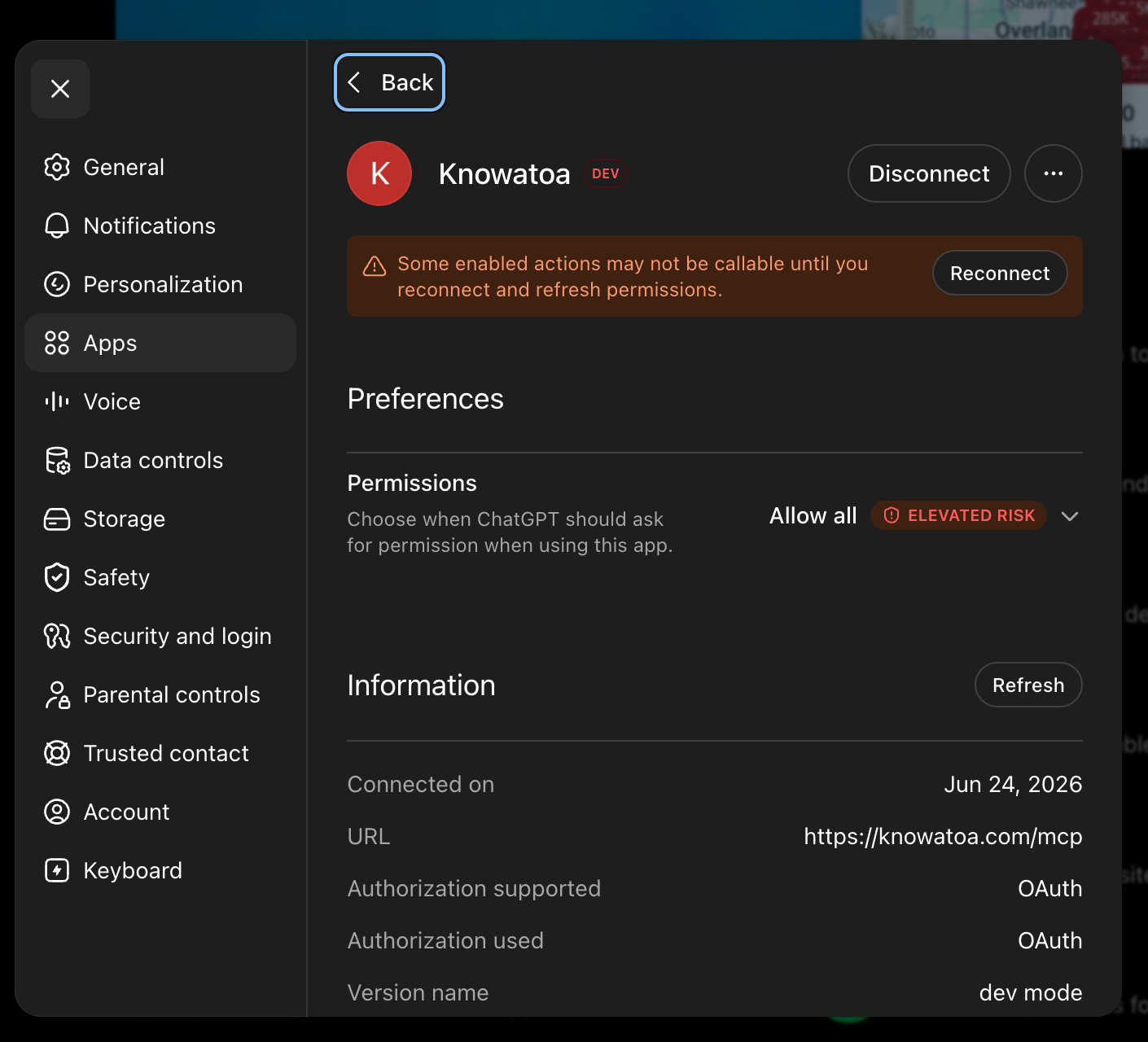 ChatGPT Knowatoa app preferences showing Allow all permissions