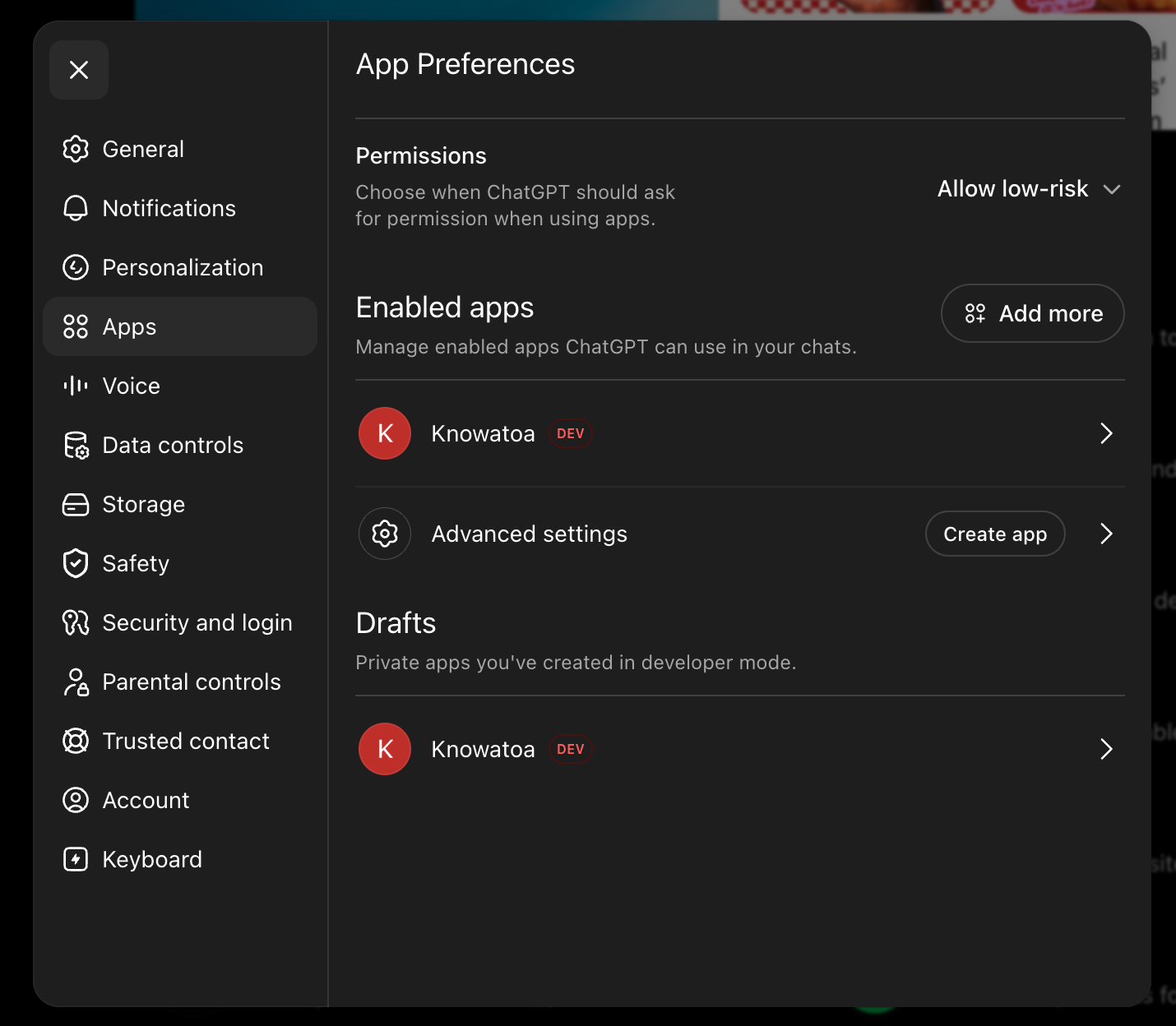 ChatGPT App Preferences showing Advanced settings and Create app