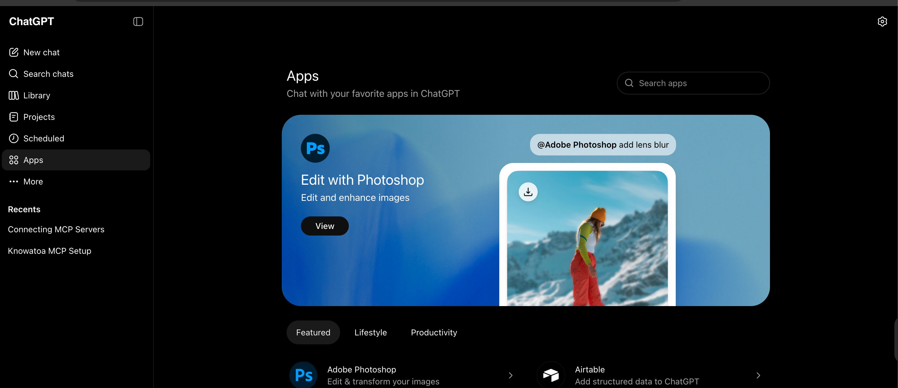 ChatGPT Apps page with the gear icon in the top-right corner