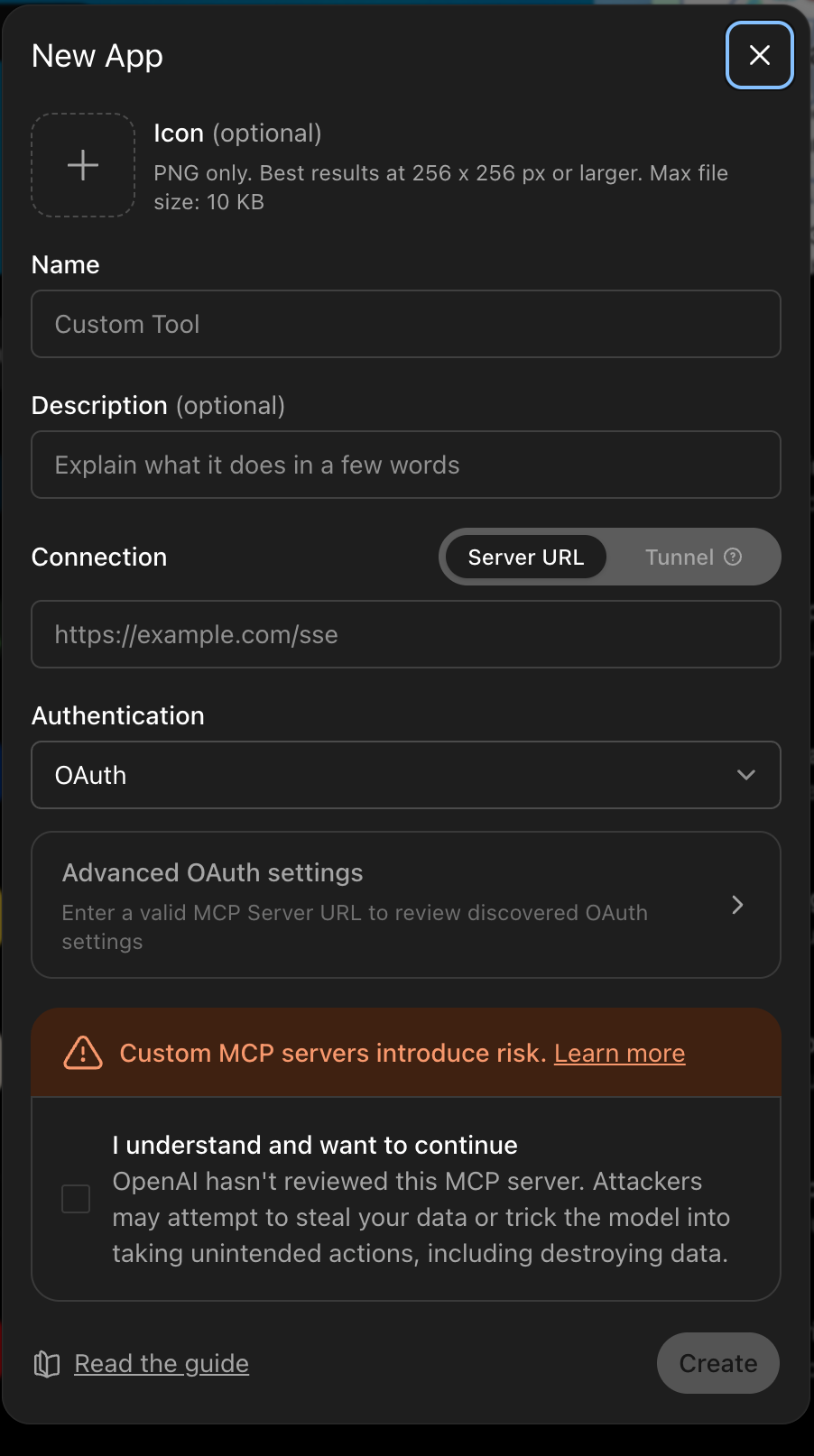 ChatGPT New App dialog with Server URL, OAuth, and custom MCP risk warning